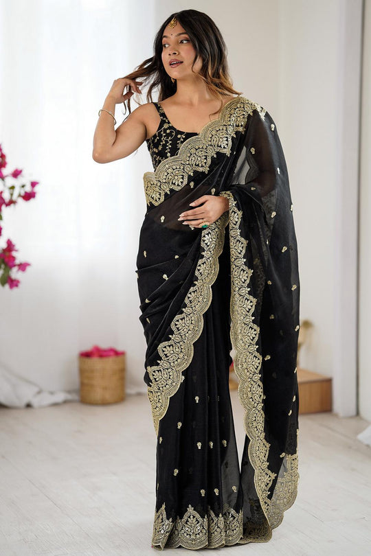 Candie Black Chiffon Gold Cutwork Border Embroidered Ready to Wear Saree