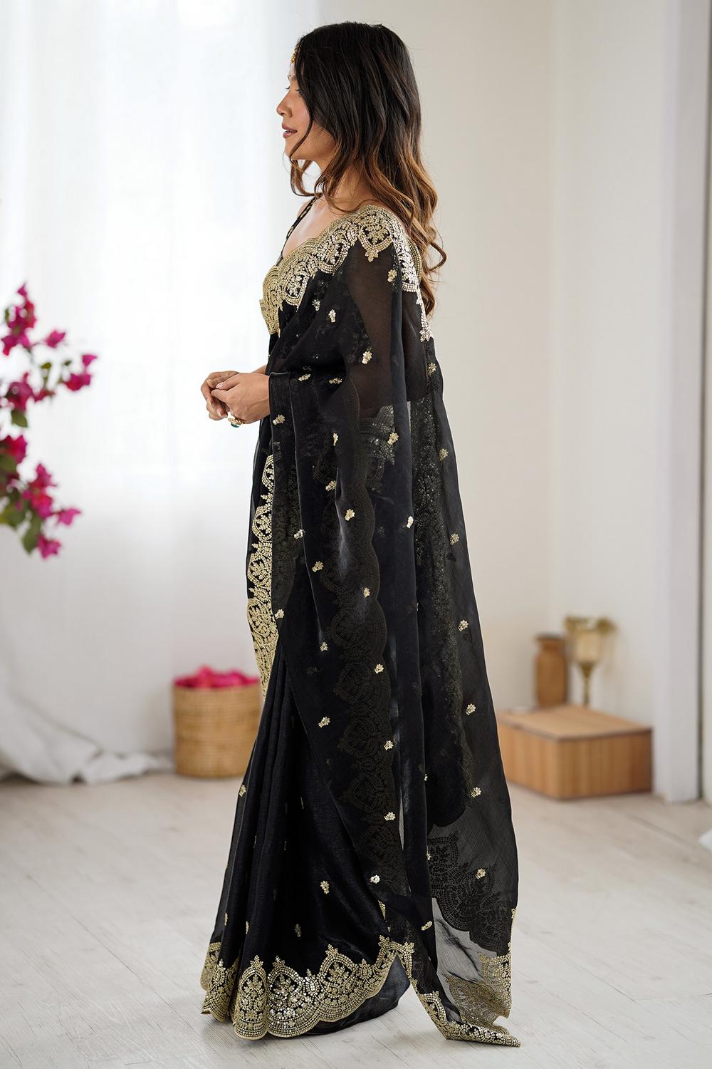 Candie Black Chiffon Gold Cutwork Border Embroidered Ready to Wear Saree