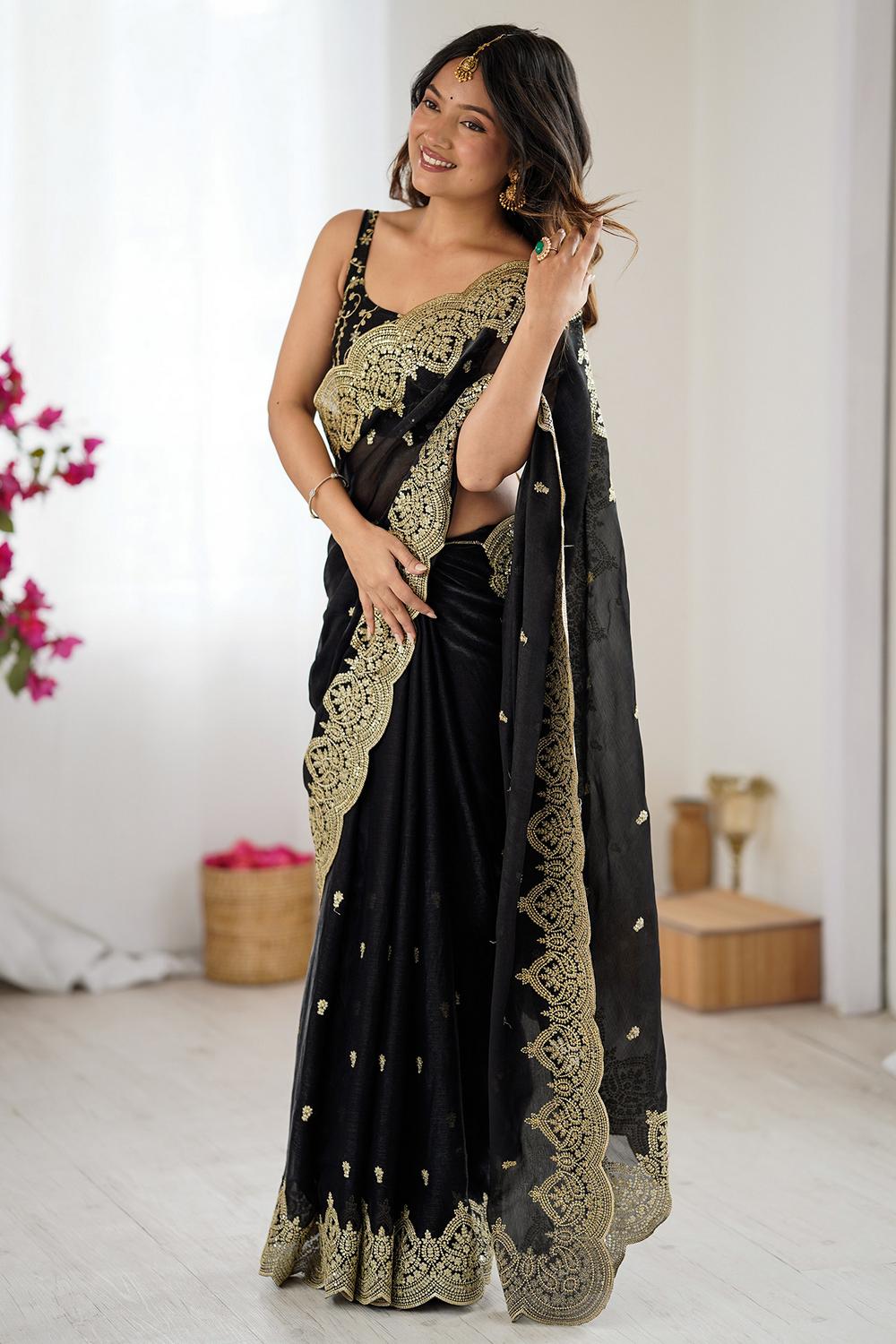 Candie Black Chiffon Gold Cutwork Border Embroidered Ready to Wear Saree