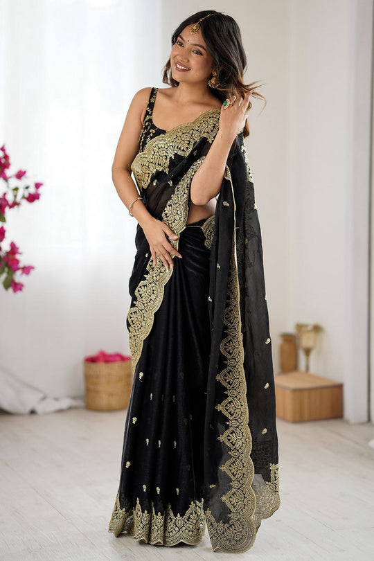 Candie Black Chiffon Gold Cutwork Border Embroidered Ready to Wear Saree