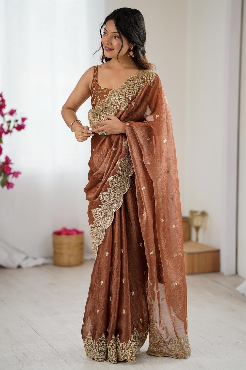 Candie Brown Chiffon Gold Cutwork Border Embroidered Ready to Wear Saree