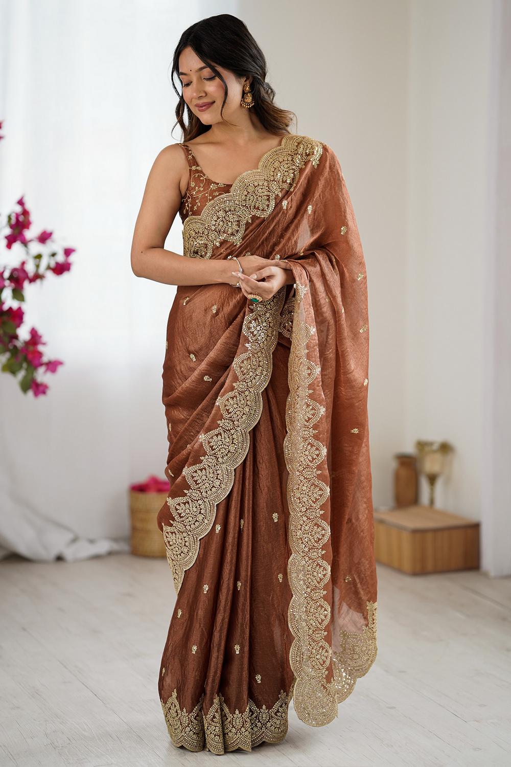Candie Brown Chiffon Gold Cutwork Border Embroidered Ready to Wear Saree