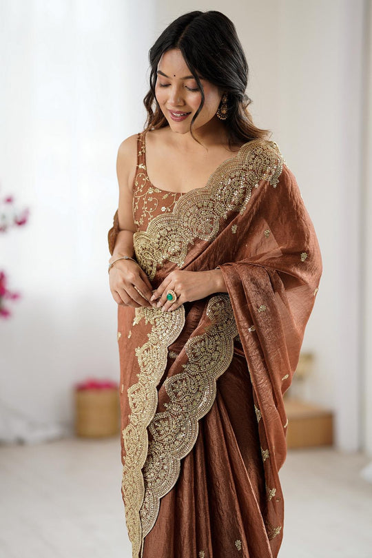 Candie Brown Chiffon Gold Cutwork Border Embroidered Ready to Wear Saree