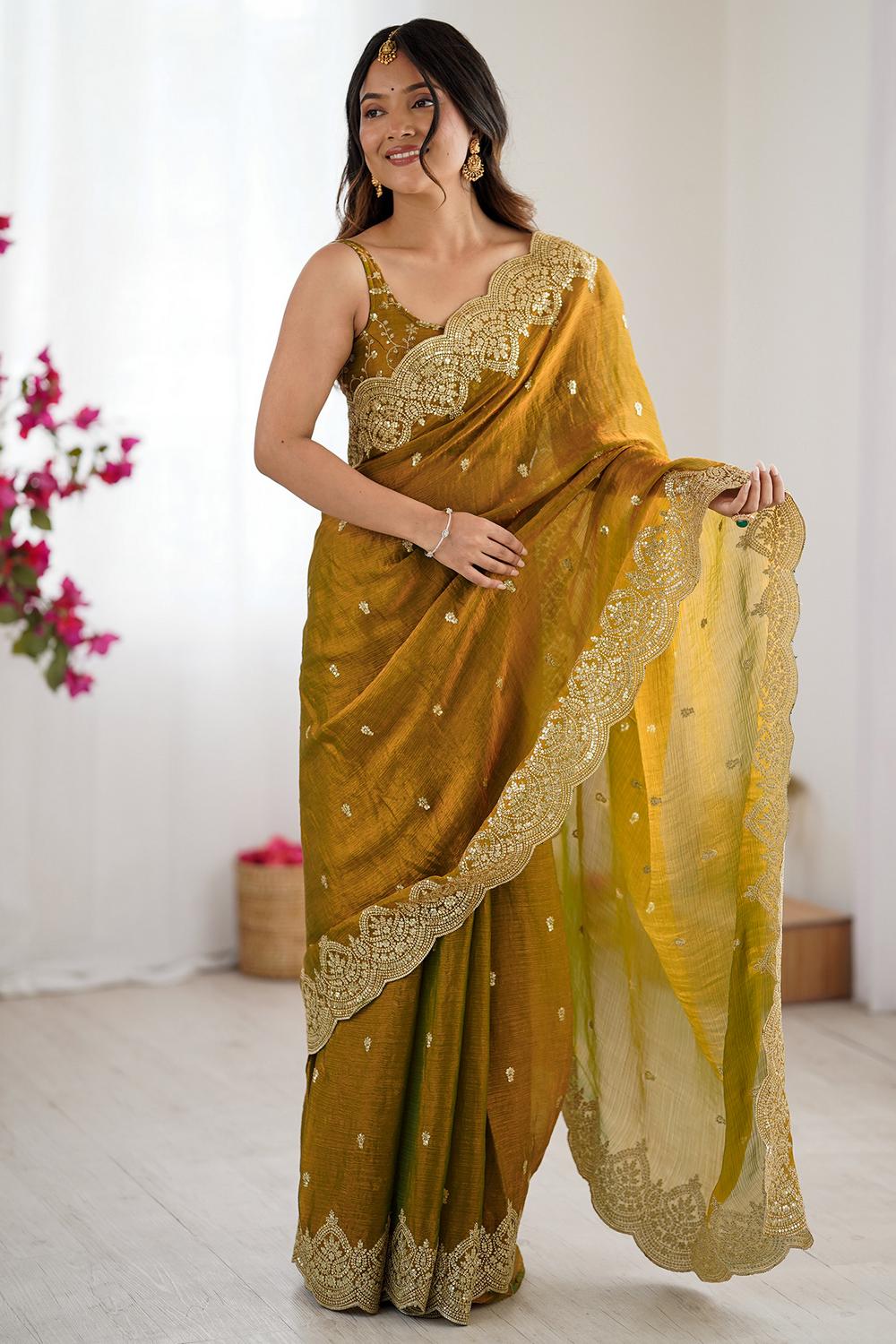 Candie Mustard Chiffon Gold Cutwork Border Embroidered Ready to Wear Saree