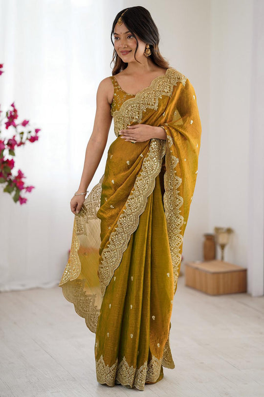 Candie Mustard Chiffon Gold Cutwork Border Embroidered Ready to Wear Saree