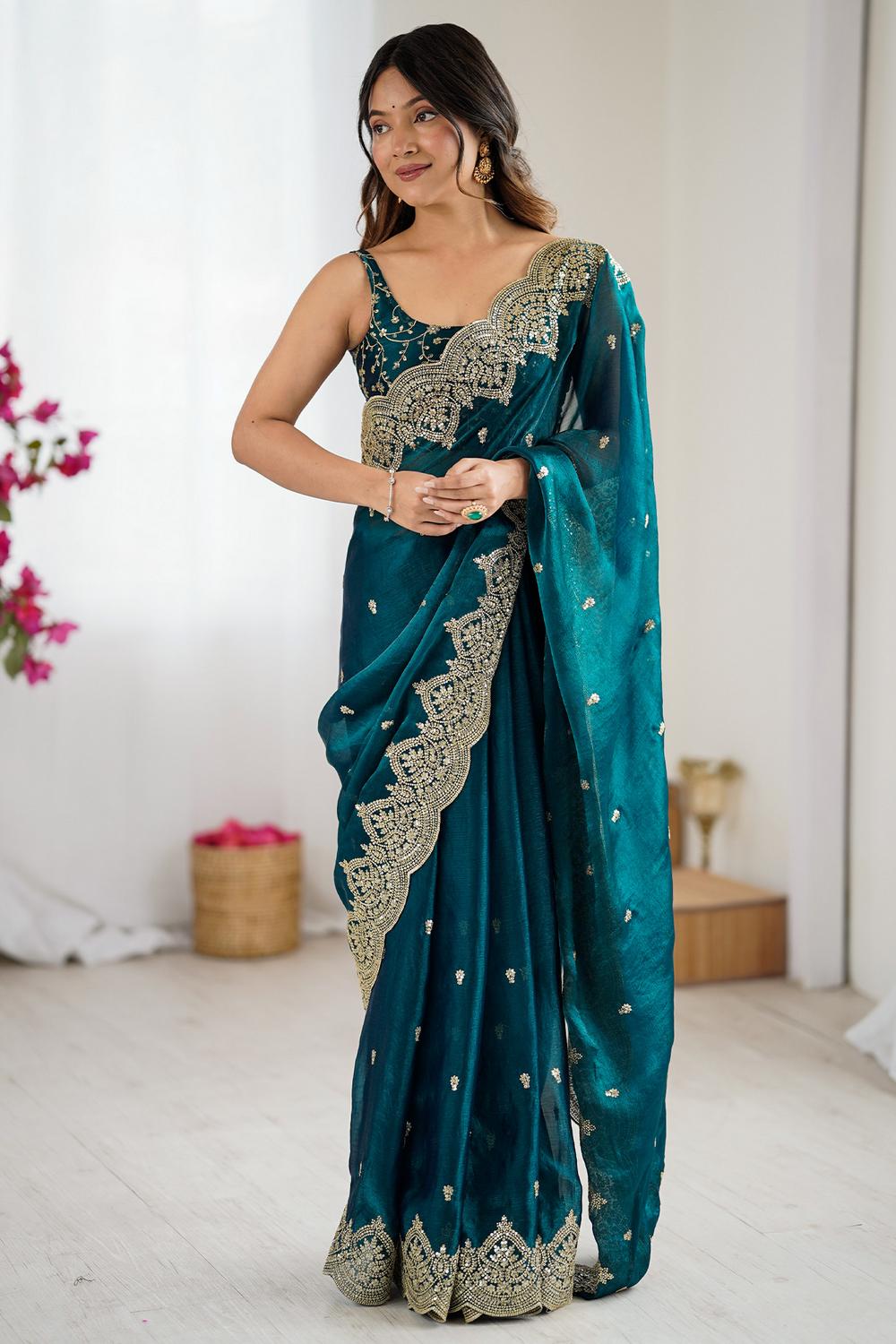 Candie Teal Blue Chiffon Gold Cutwork Border Embroidered Ready to Wear Saree