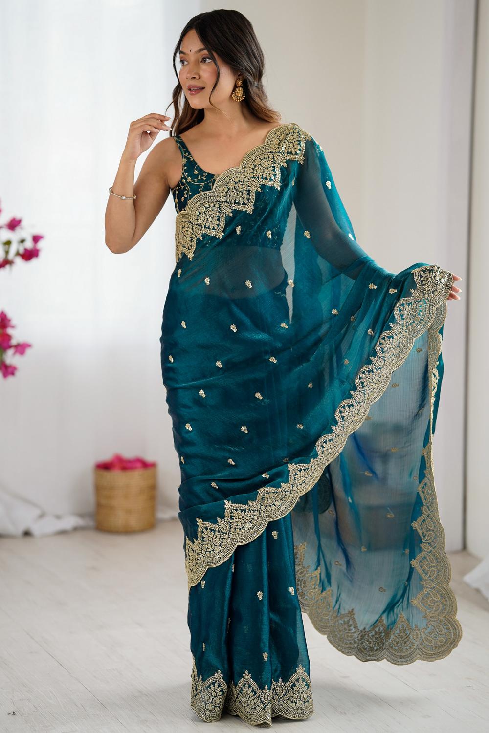 Candie Teal Blue Chiffon Gold Cutwork Border Embroidered Ready to Wear Saree