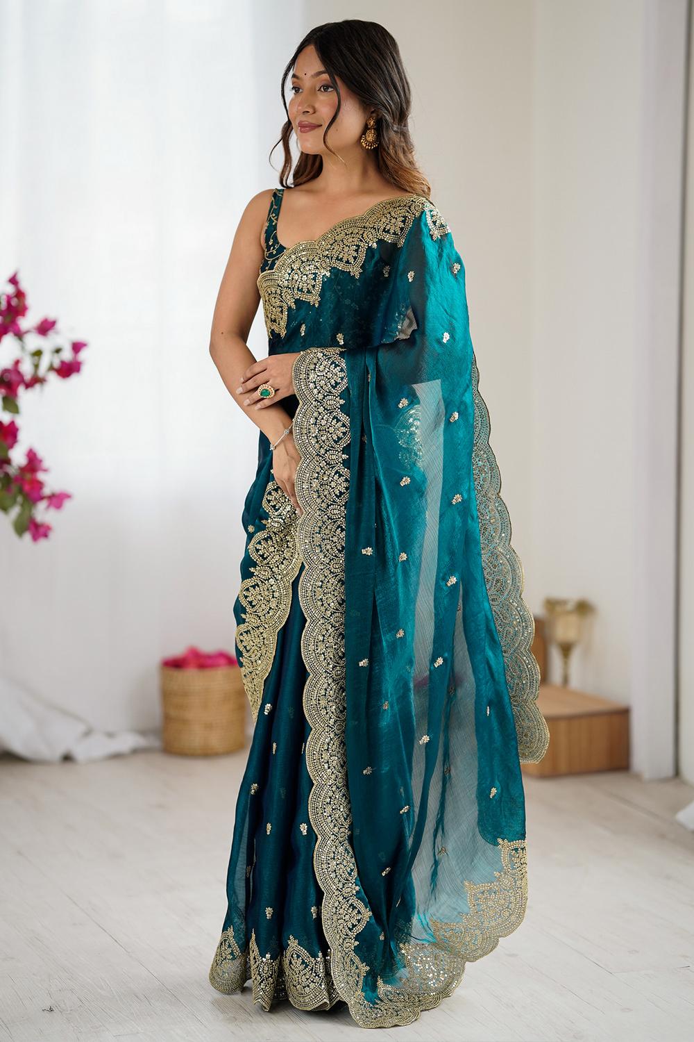 Candie Teal Blue Chiffon Gold Cutwork Border Embroidered Ready to Wear Saree