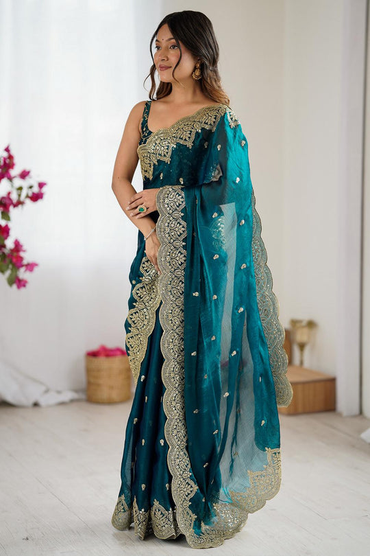Candie Teal Blue Chiffon Gold Cutwork Border Embroidered Ready to Wear Saree