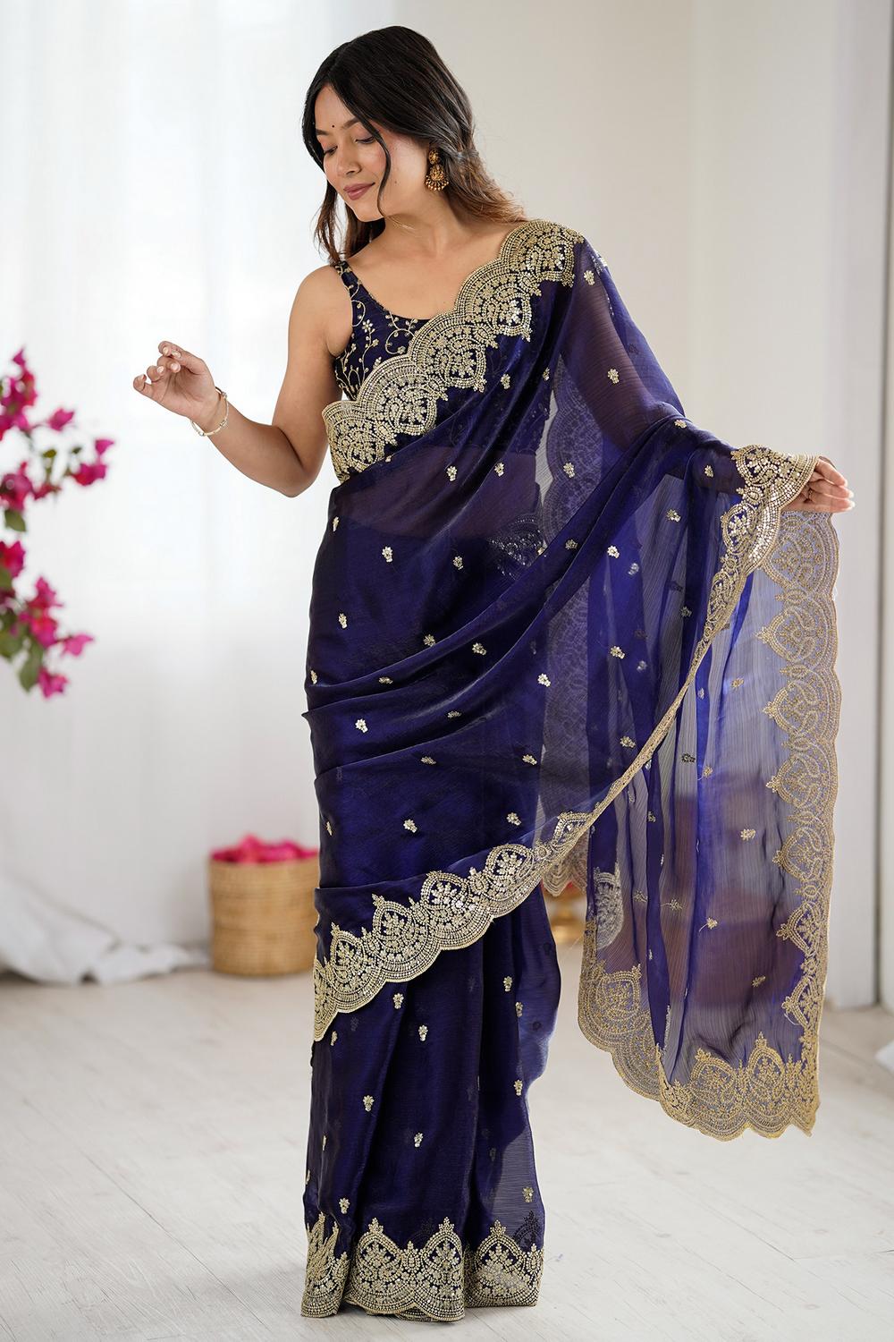 Candie Purple Chiffon Gold Cutwork Border Embroidered Ready to Wear Saree