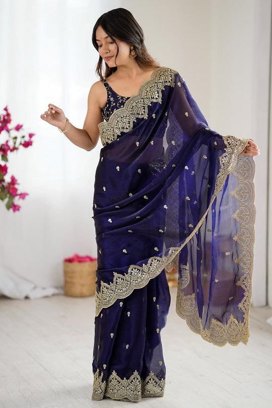 Candie Purple Chiffon Gold Cutwork Border Embroidered Ready to Wear Saree