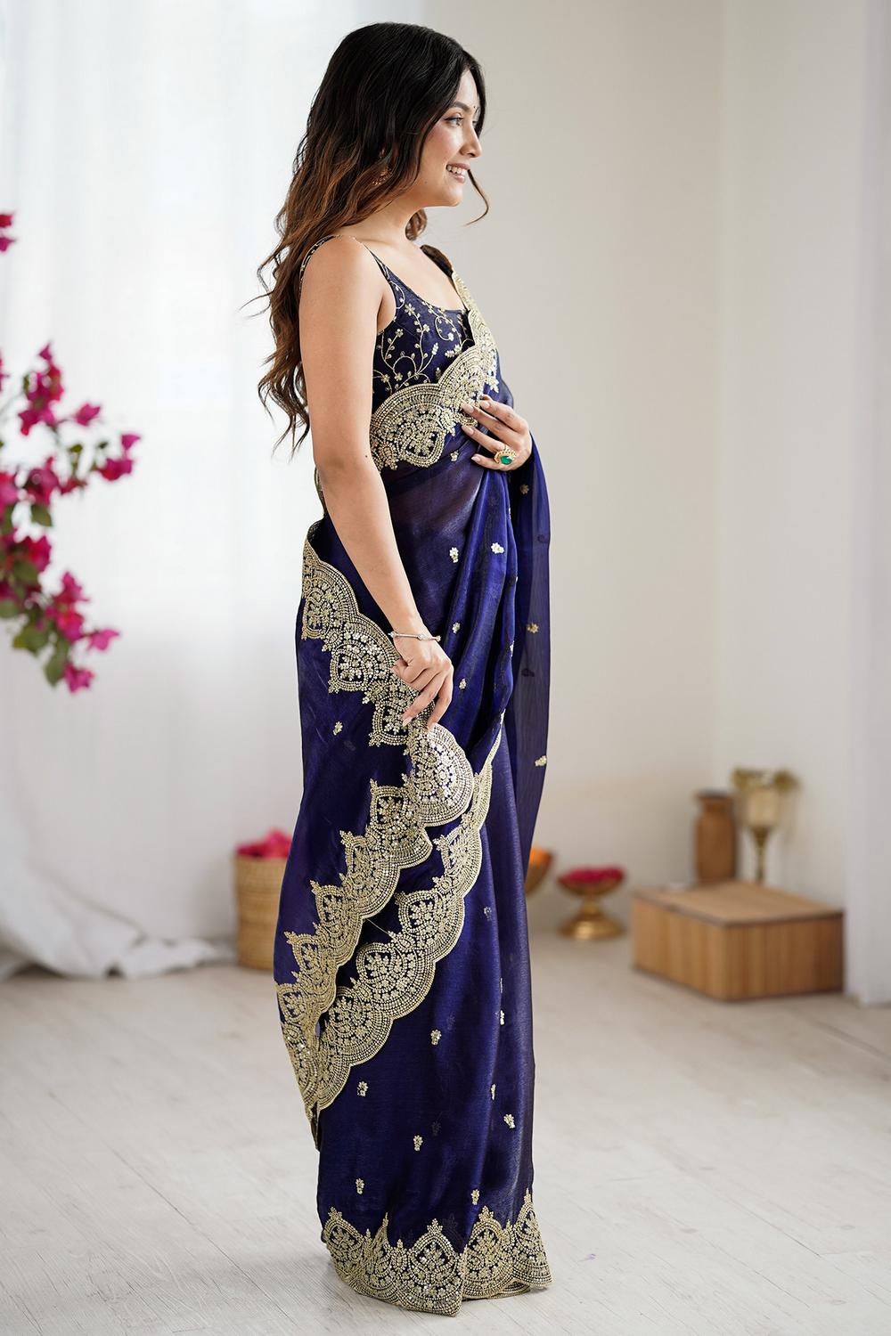 Candie Purple Chiffon Gold Cutwork Border Embroidered Ready to Wear Saree