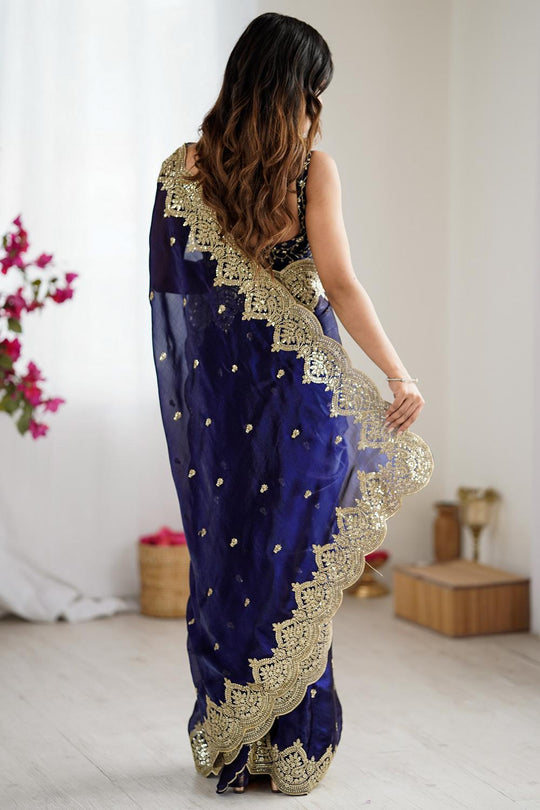 Candie Purple Chiffon Gold Cutwork Border Embroidered Ready to Wear Saree