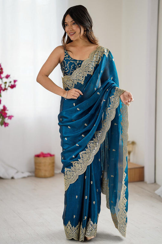Candie Blue Chiffon Gold Cutwork Border Embroidered Ready to Wear Saree