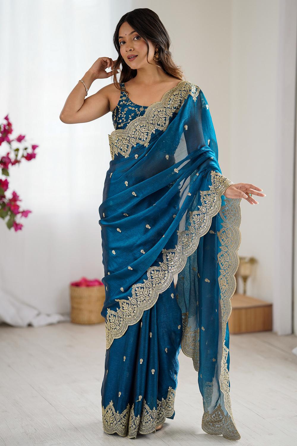Candie Blue Chiffon Gold Cutwork Border Embroidered Ready to Wear Saree