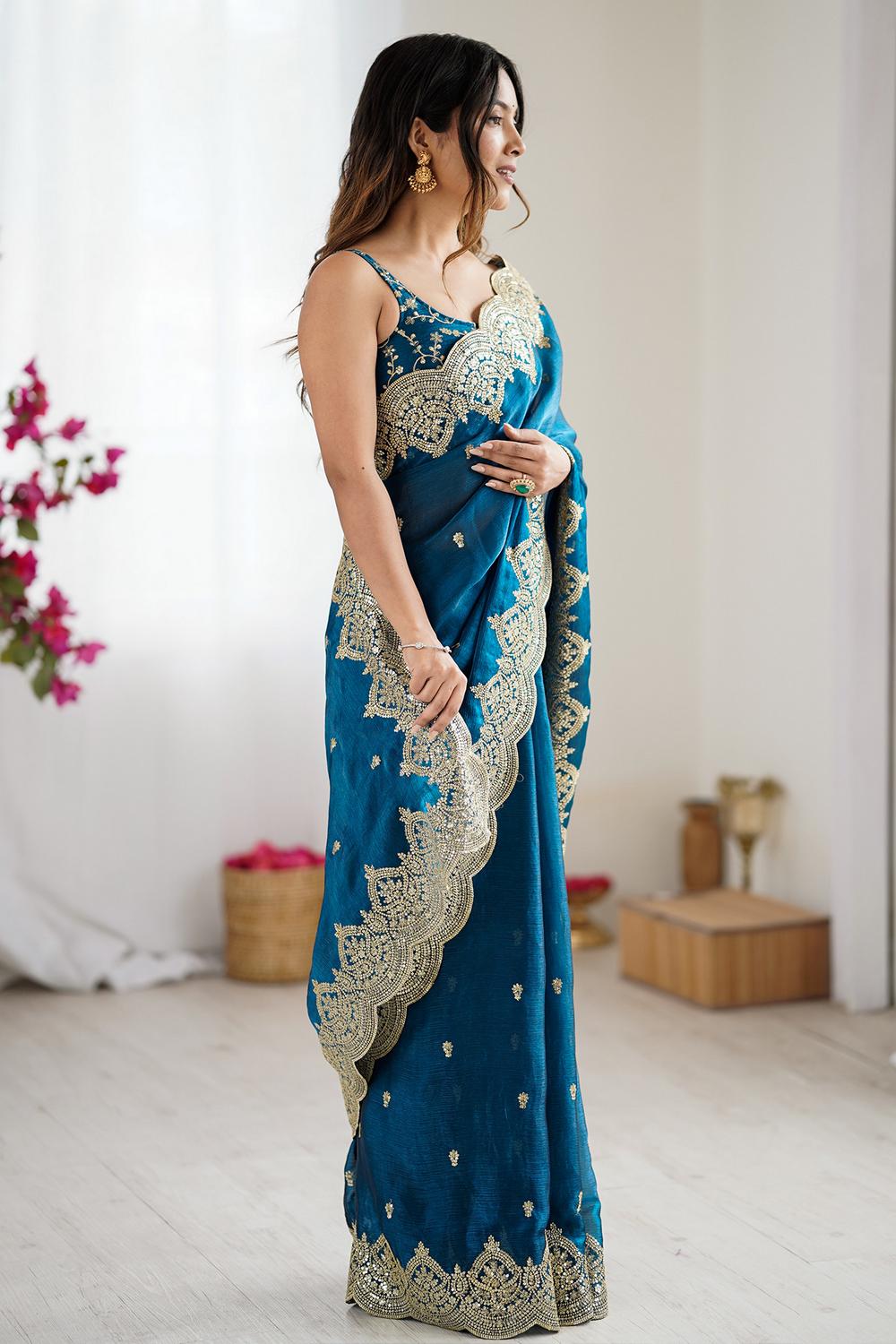 Candie Blue Chiffon Gold Cutwork Border Embroidered Ready to Wear Saree