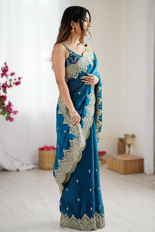 Candie Blue Chiffon Gold Cutwork Border Embroidered Ready to Wear Saree