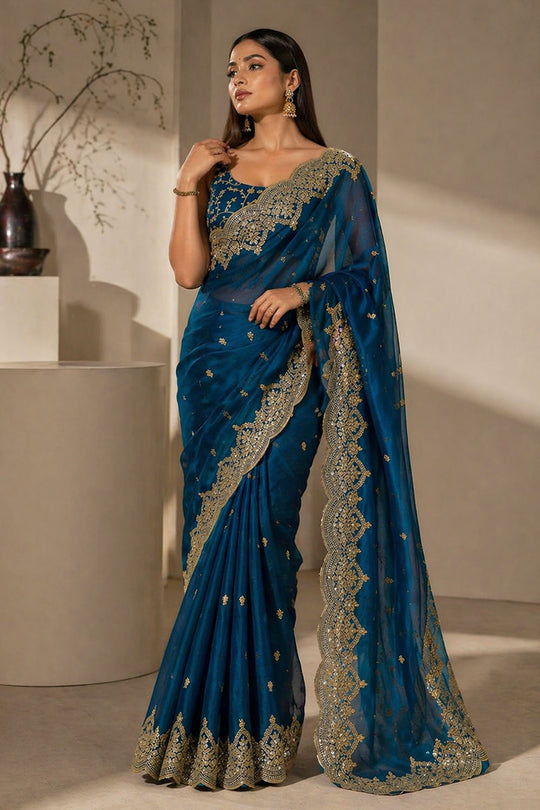 Candie Blue Chiffon Gold Cutwork Border Embroidered Ready to Wear Saree