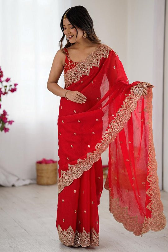 Candie Red Chiffon Gold Cutwork Border Embroidered Ready to Wear Saree