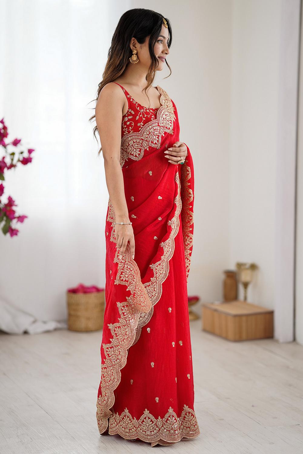 Candie Red Chiffon Gold Cutwork Border Embroidered Ready to Wear Saree
