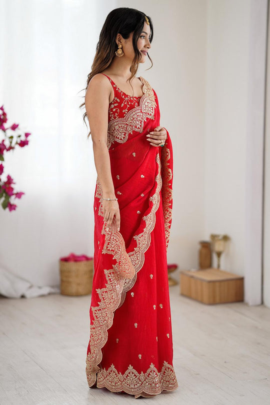 Candie Red Chiffon Gold Cutwork Border Embroidered Ready to Wear Saree