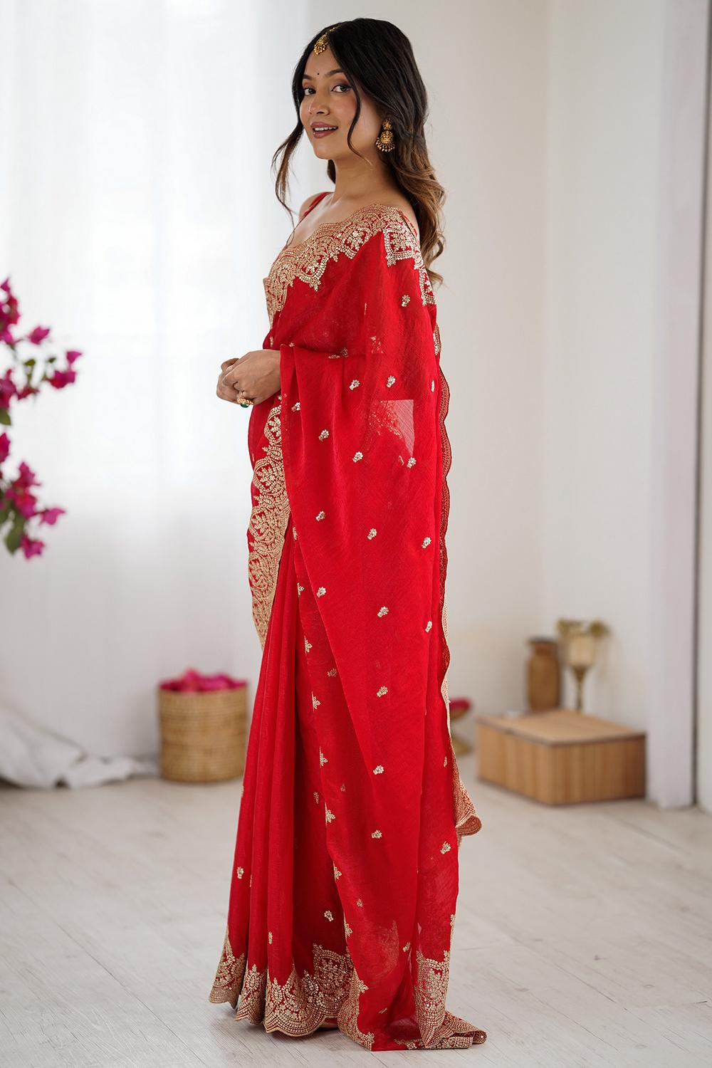 Candie Red Chiffon Gold Cutwork Border Embroidered Ready to Wear Saree