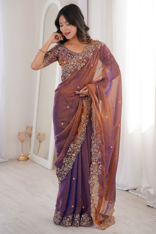 Nalani Purple &amp; Bronze Satin Sequin Embellished Ready to Wear Saree