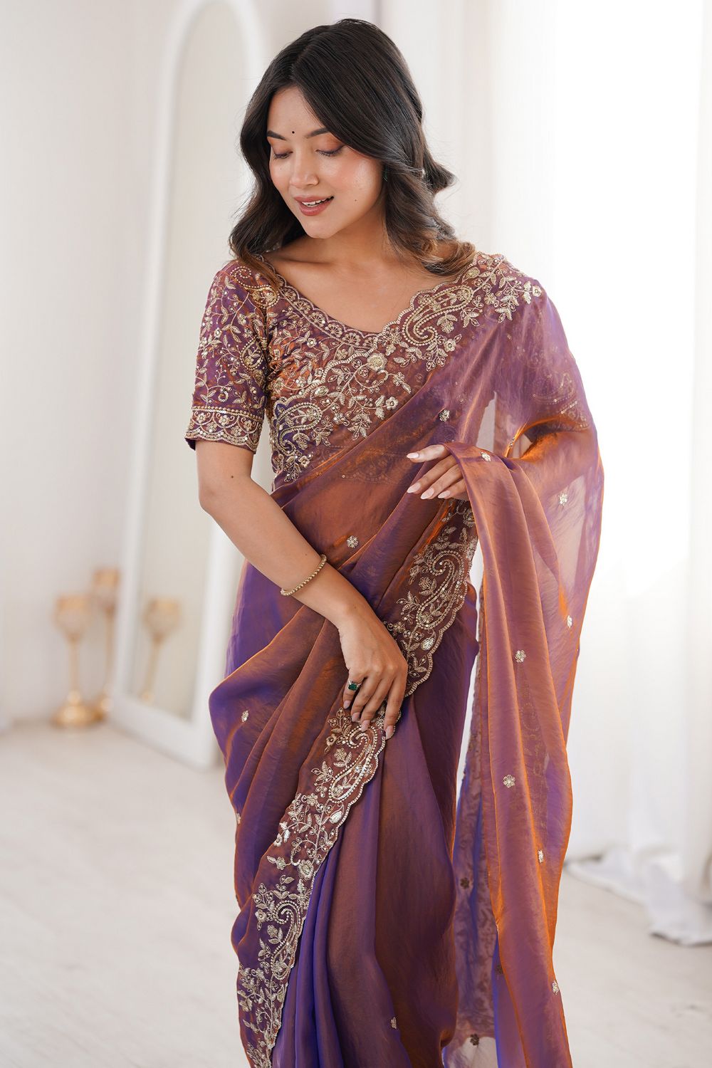 Nalani Purple &amp; Bronze Satin Sequin Embellished Ready to Wear Saree