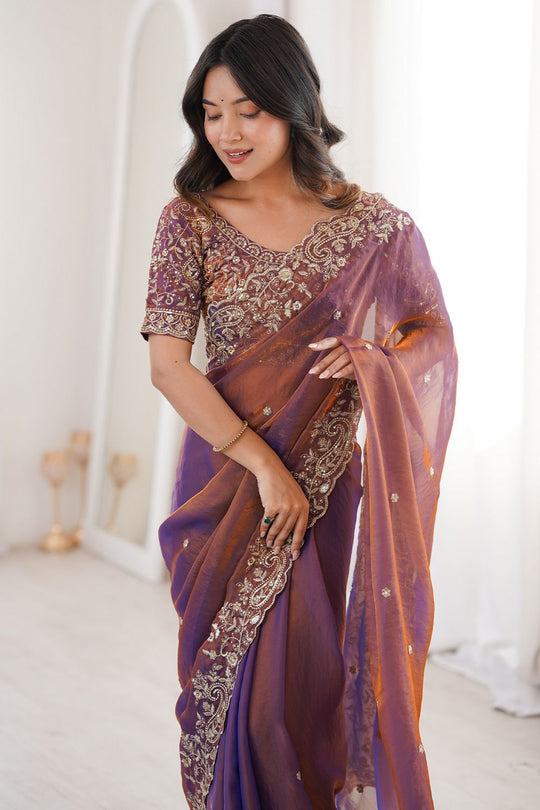 Nalani Purple &amp; Bronze Satin Sequin Embellished Ready to Wear Saree
