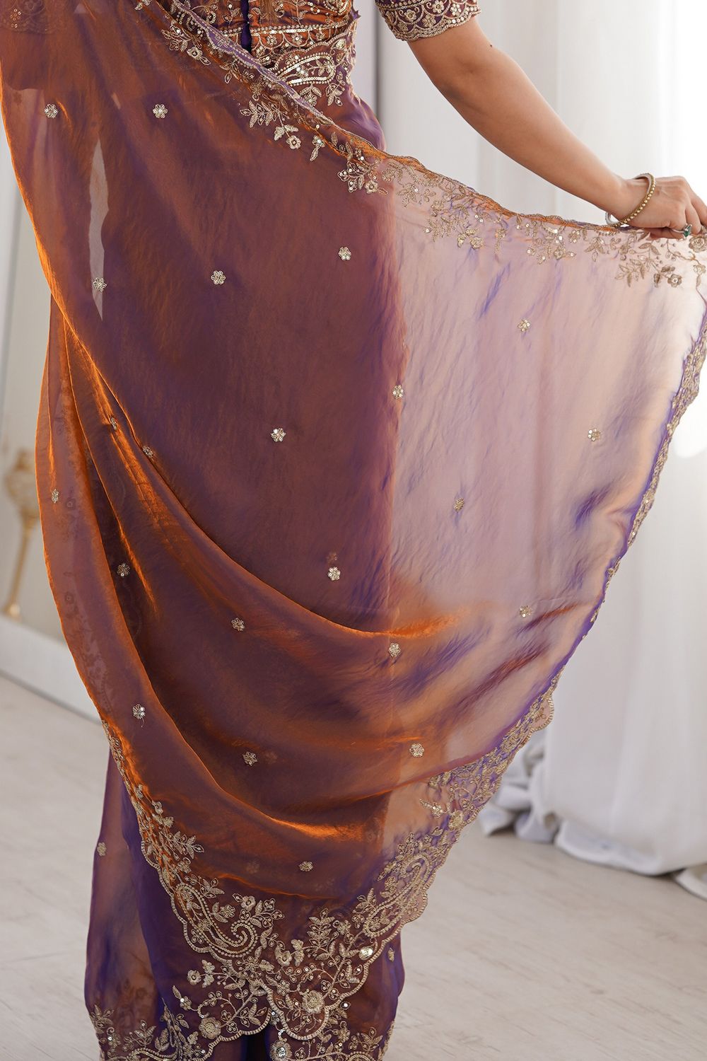 Nalani Purple &amp; Bronze Satin Sequin Embellished Ready to Wear Saree