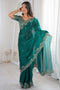 Nalani Teal Green Satin Sequin Embellished Ready to Wear Saree