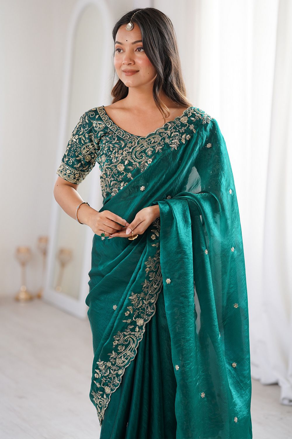 Nalani Teal Green Satin Sequin Embellished Ready to Wear Saree