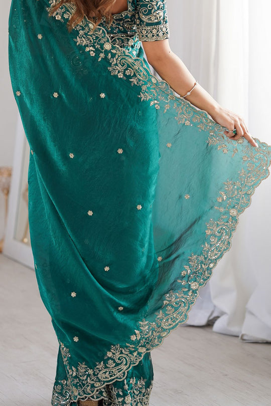 Nalani Teal Green Satin Sequin Embellished Ready to Wear Saree