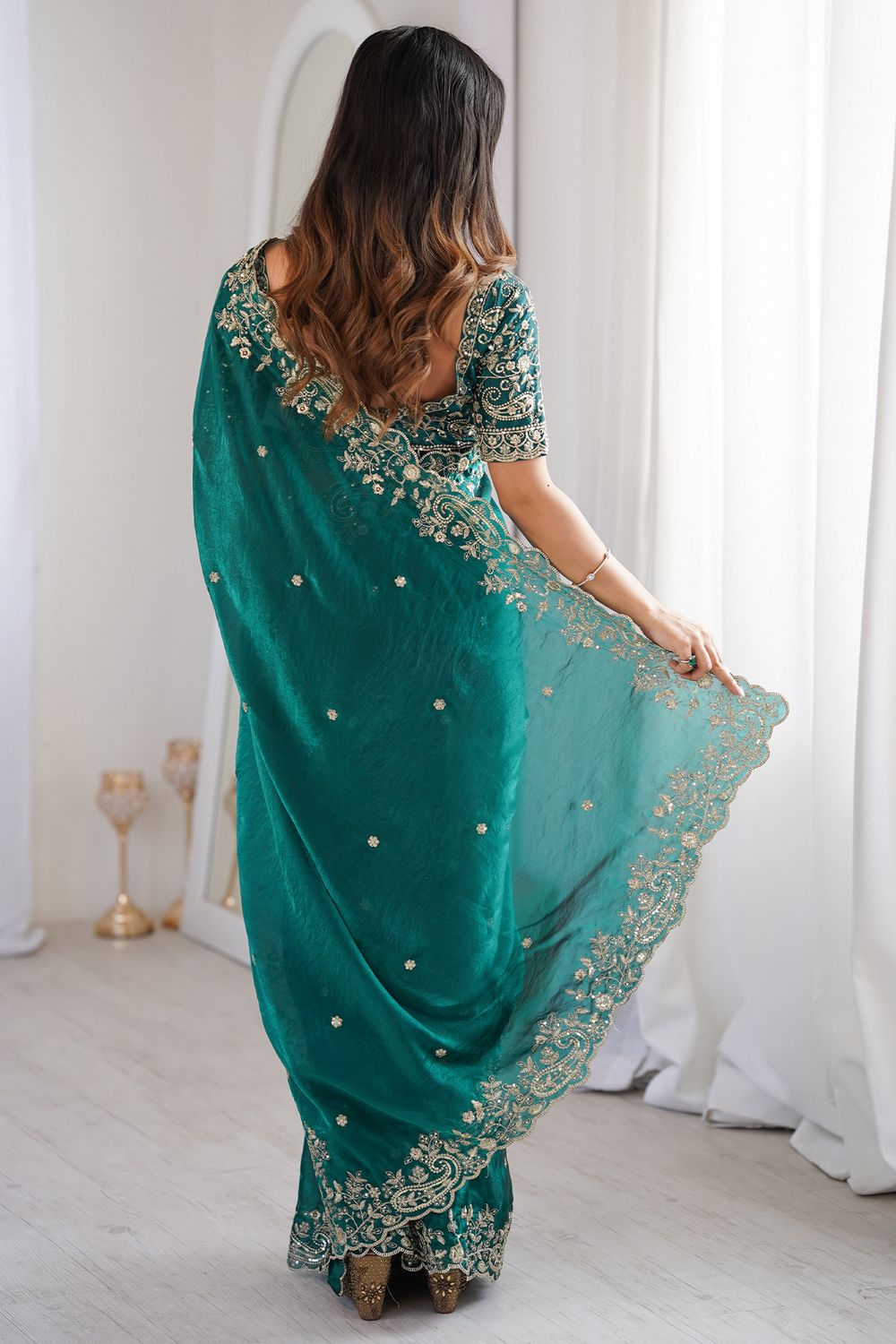 Nalani Teal Green Satin Sequin Embellished Ready to Wear Saree