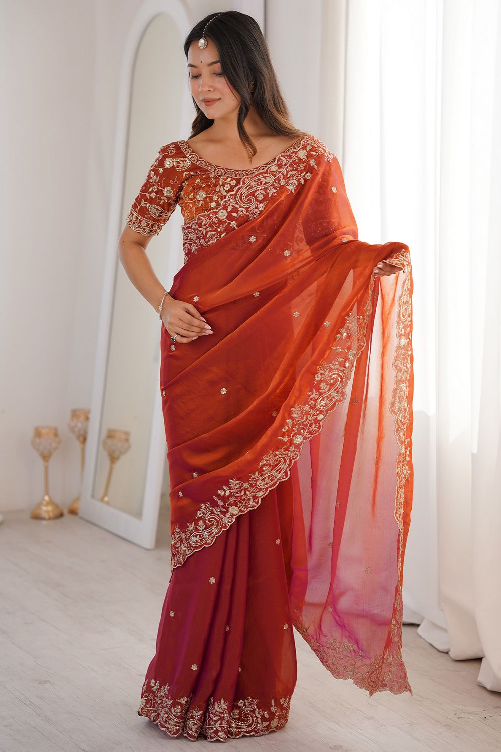 Nalani Rust Orange Satin Sequin Embellished Ready to Wear Saree