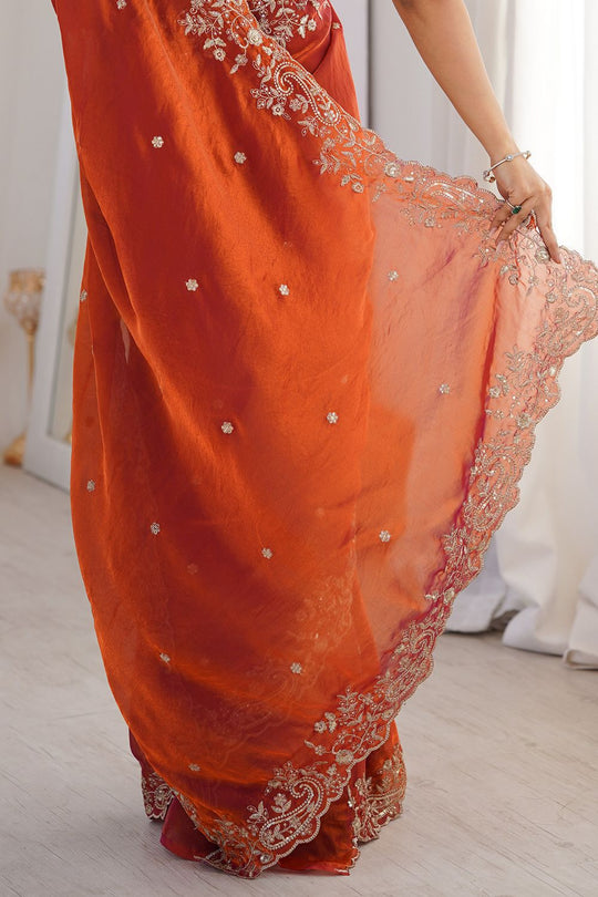 Nalani Rust Orange Satin Sequin Embellished Ready to Wear Saree