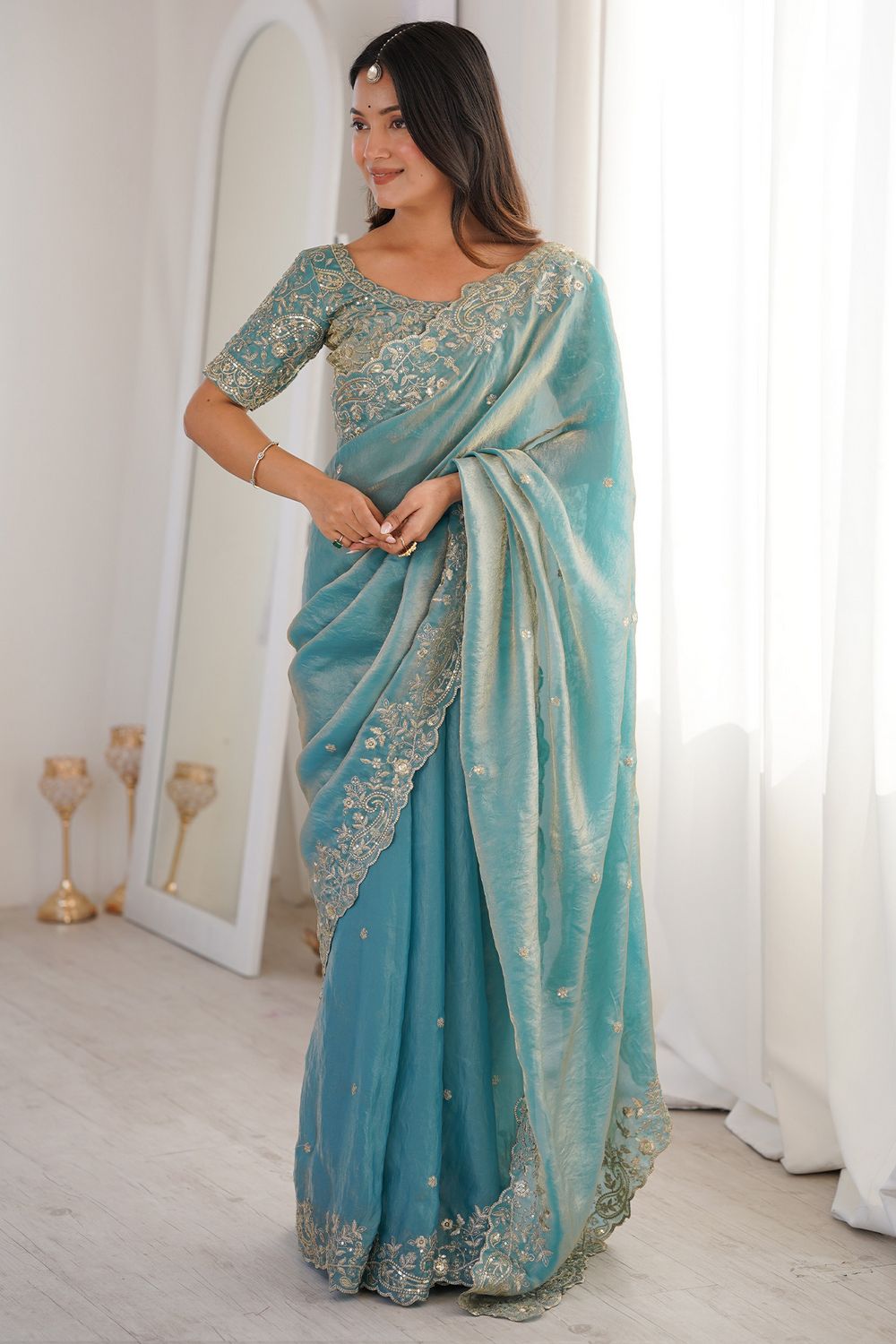 Nalani Light Blue Satin Sequins Embellished Ready to Wear Saree