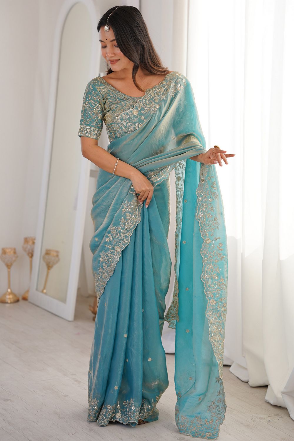 Nalani Light Blue Satin Sequins Embellished Ready to Wear Saree