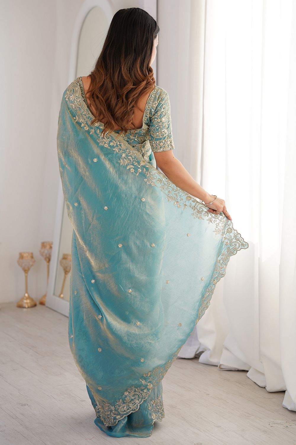 Nalani Light Blue Satin Sequins Embellished Ready to Wear Saree