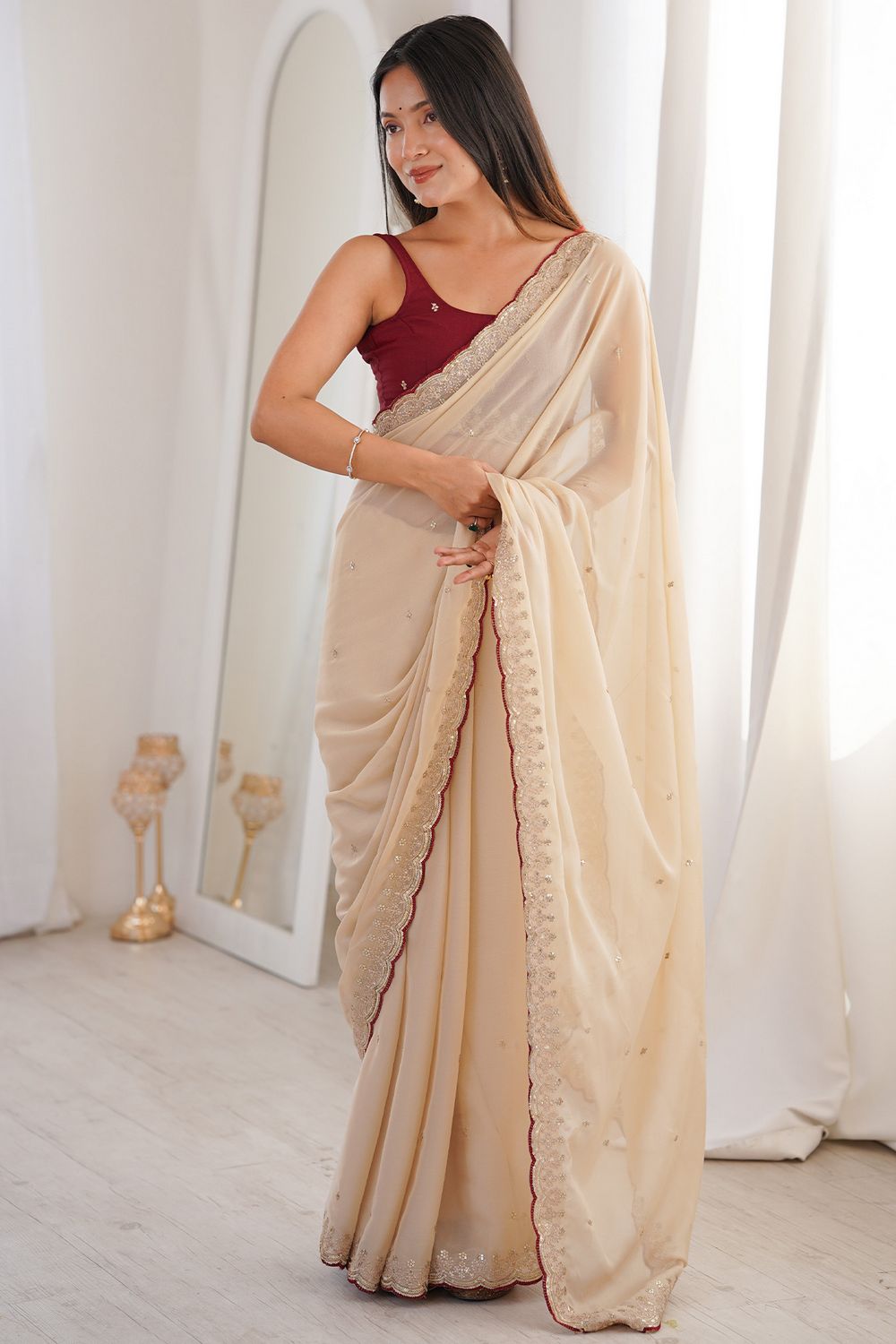 Lisa Cream Georgette Embellished Sequin Embroidered Ready to Wear Saree