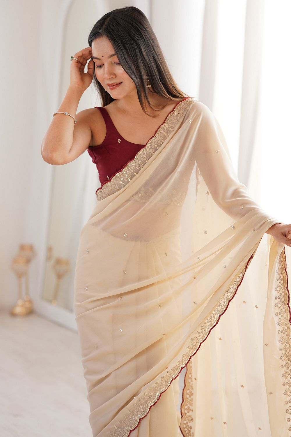 Lisa Cream Georgette Embellished Sequin Embroidered Ready to Wear Saree