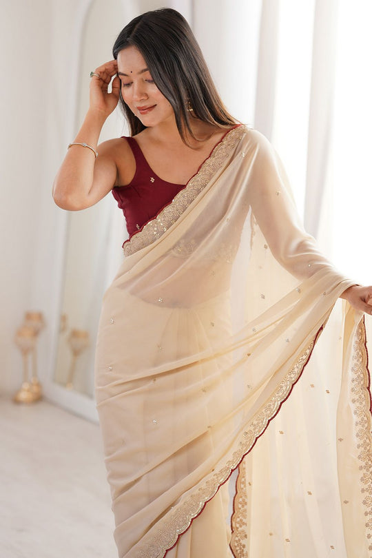 Lisa Cream Georgette Embellished Sequin Embroidered Ready to Wear Saree