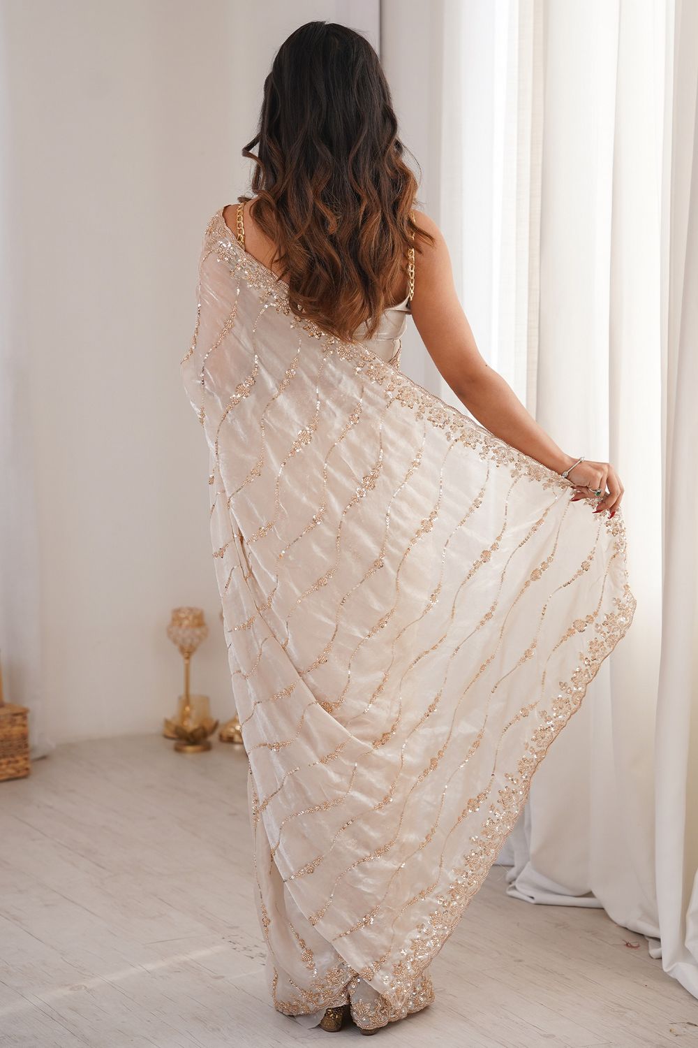 Asha Cream Satin Beaded Sequin Embroidered Ready to Wear Saree