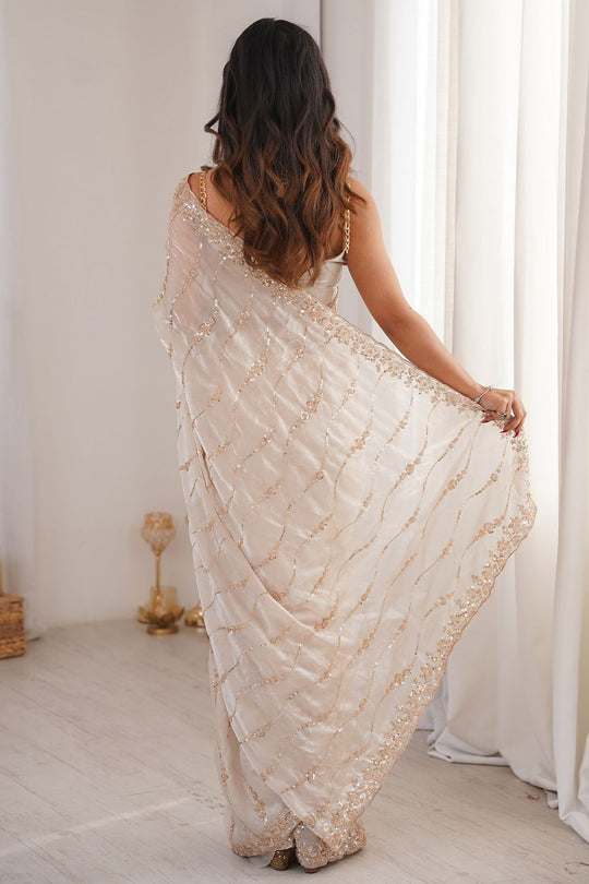 Asha Cream Satin Beaded Sequin Embroidered Ready to Wear Saree