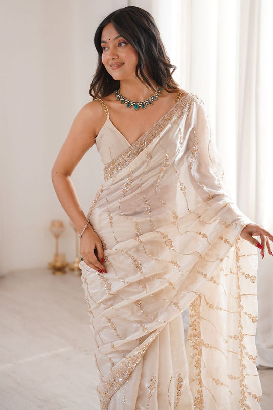 Asha Cream Satin Beaded Sequin Embroidered Ready to Wear Saree