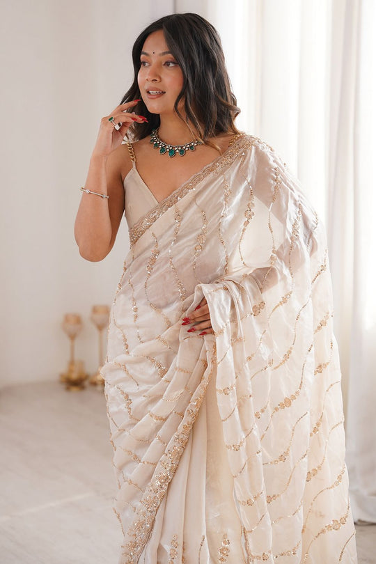 Asha Cream Satin Beaded Sequin Embroidered Ready to Wear Saree