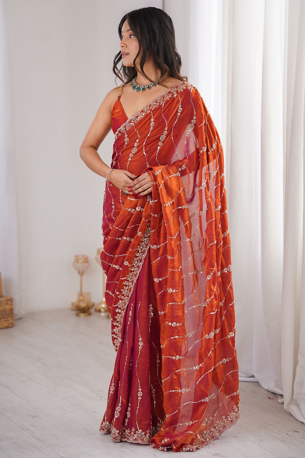 Asha Burnt Orange Satin Beaded Sequin Embroidered Ready to Wear Saree