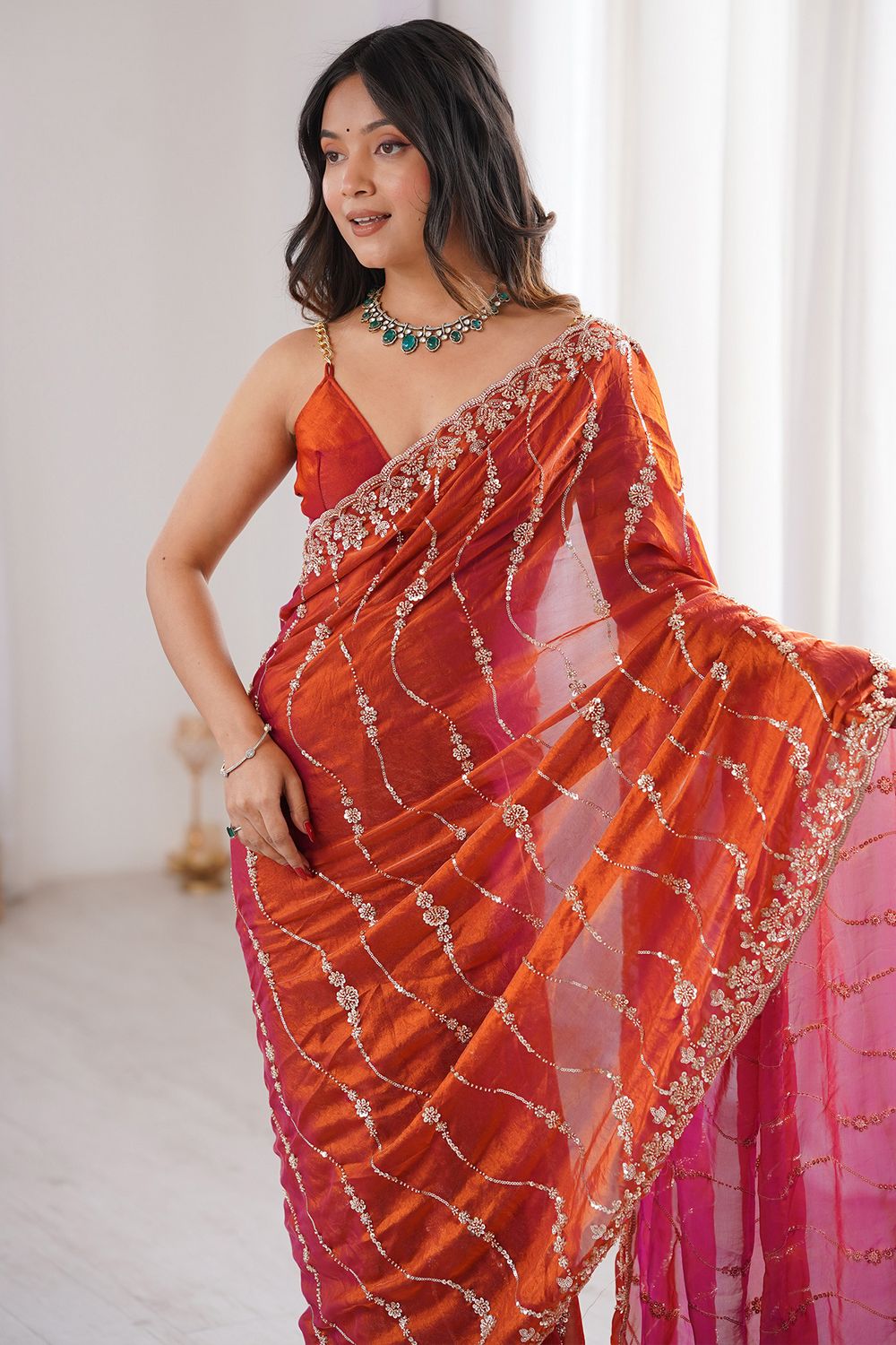 Asha Burnt Orange Satin Beaded Sequin Embroidered Ready to Wear Saree