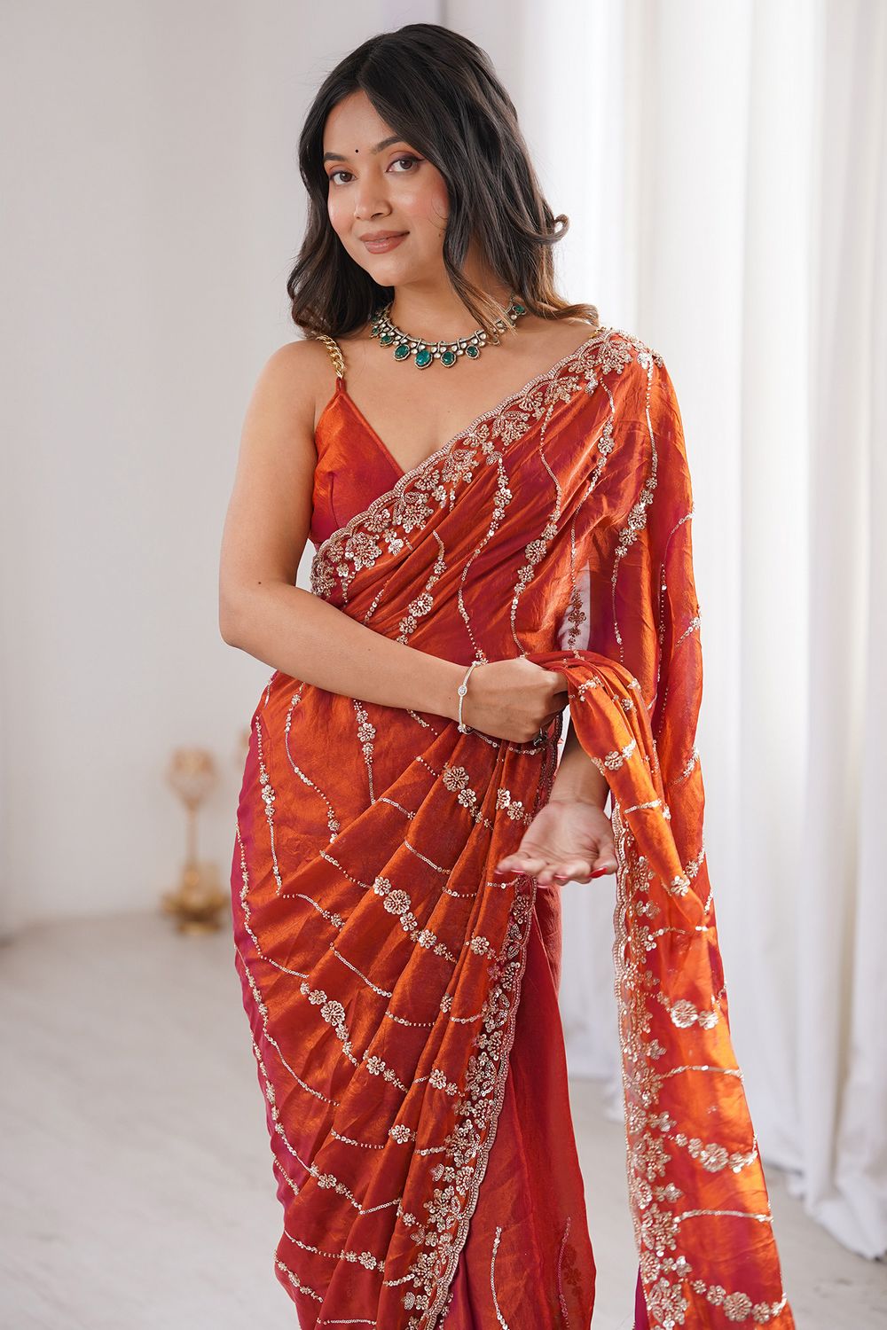 Asha Burnt Orange Satin Beaded Sequin Embroidered Ready to Wear Saree