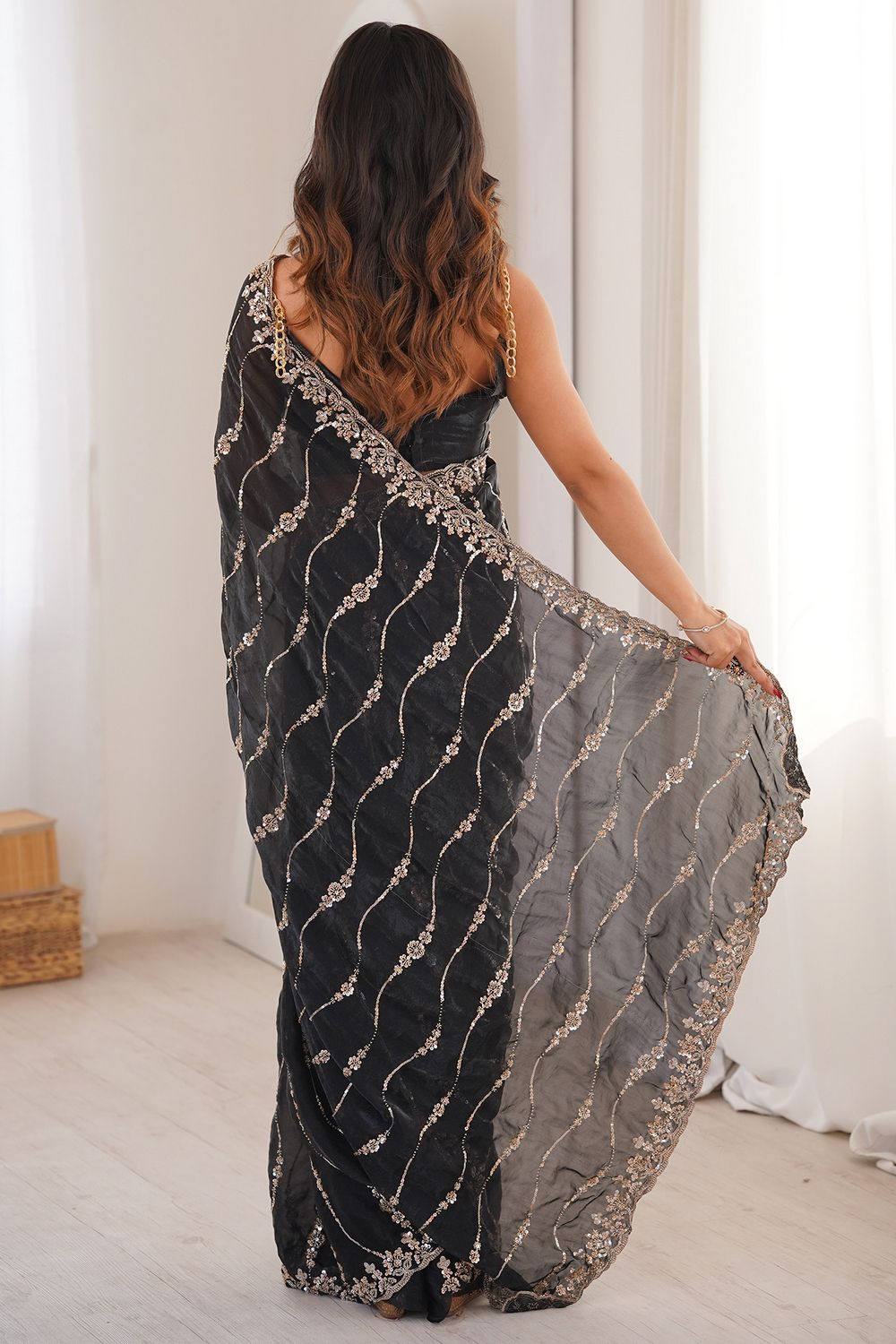 Alice Black Satin Sequins Designer Ready to Wear Saree
